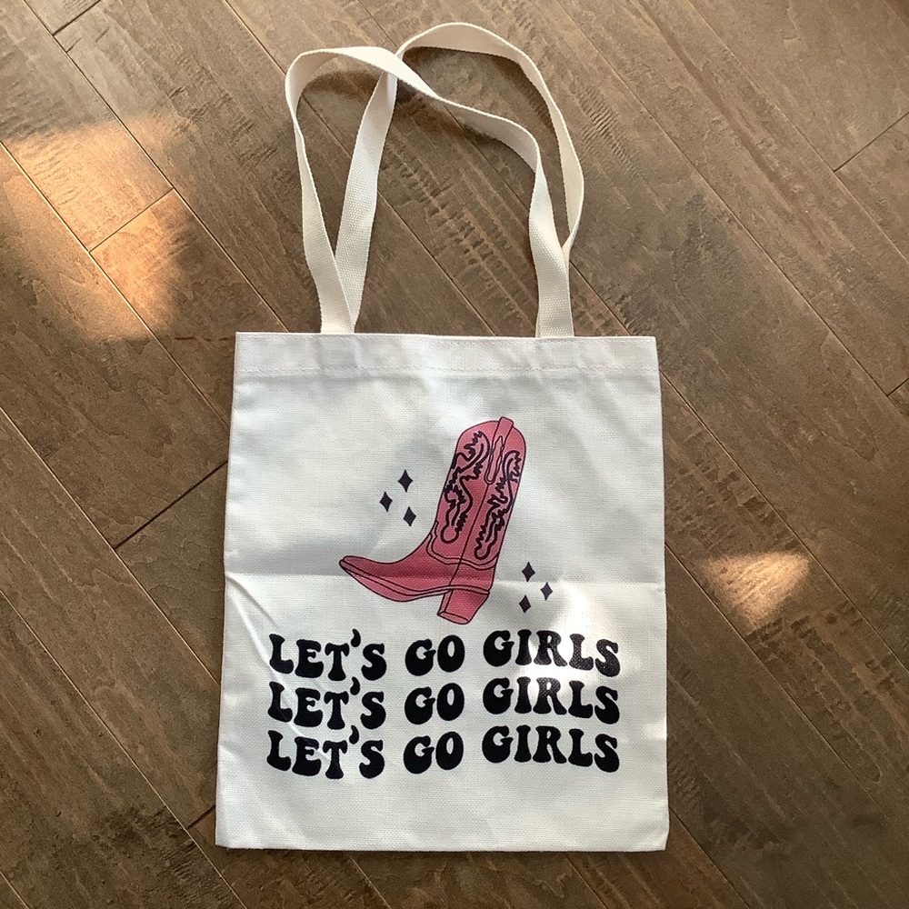 Let's Go Girls NWOT White Tote Bag with Pink Boot Design